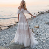 Runhufu Wedding Dresses Tempting Nude Champagne V Neck Chic Sleeves Straps Ruffles Lace A Line Backless Bridal Gowns