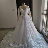 Runhufu New V Neck Long Sleeve Wedding Dresses Saudi Arabia Lace Bridal Gowns Court Train Elegant Lace Bridal Gown Vestido De Noiva