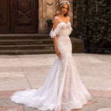 Runhufu Mermaid Tulle Wedding Dress Sexy Sweetheart Neck Lace Appliques Off The Shoulder With Ruffles Zipper Backless Bridal Gown