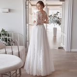 Runhufu Half Sleeve A-Line Wedding Dress 2023 Lace Appliques O-Neck Civil Bridal Gown With Button Back Tulle Floor Length