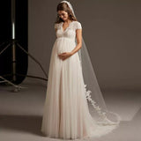 Runhufu Wedding Dress Pregnant Woman Open Back V-Neck Elegant Plus Size Bridal Gown Cap Sleeve Lace Tulle robe de mariée Custom