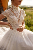 Runhufu Boho Lace Tulle High Neck Wedding Dress 2023 Cap Sleeves A-Line Bohemian Bridal Gown Vintage Elegant Robe De Mariée