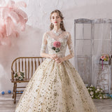 Runhufu Dress 2023 Muslim Half Sleeve High Neck Lace Up Ball Gown Princess Champagne Vintage Wedding Dresses Hs778