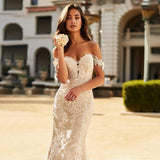 Runhufu Boho V-Neck Mermaid Wedding Dress Off Shoulder Lace Appliques Sexy Backless Bride Gown Button Train Vestido De Noiva