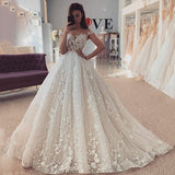 Runhufu Chic Ivory Lace And Beading BallGown Wedding Dresses Scoop Neck Cap Sleeves BOHO Bridal Gowns With Beading Belt vestido de