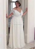 Runhufu Chiffon Jewel Neckline A-line Wedding Dresses With Beaded Lace Appliques Short Sleeves Plus Size Bridal Gown Robe de Long