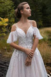 Runhufu Off the Shoulder Wedding Dresses V-neck Beading Straps 3D Flowers Appliques Open Back Bridal Gowns Robe de Mariee