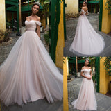 Runhufu Tulle Wedding Dresses with Sleeves Off Shoulder Sweetheart Lace Up Floor Length Wedding Bridal Gowns Vestido de noiva