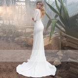 Runhufu Lace Long Sleeve Mermaid Wedding Dresses For Women 2023 V-Neck Elegant Bridal Gown Floor Length Sweep Train Backless