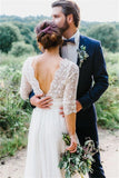 Runhufu Boho Wedding Dress 2023 Deep Lace Top V-neck 3/4 Sleeves Backless Beach Women Bridal Gowns Vestidos de novia
