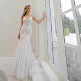 Runhufu Mermaid Wedding Dresses Spaghetti Straps Tulle Lace Appliques Sexy Bride Gown Backless Zipper Train Vestidos De Noiva