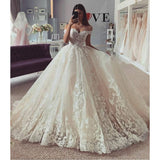 Runhufu Chic Ivory Lace Appliques BallGown Wedding Dresses Sweetheart Off Shoulder Short Sleeves BOHO Bridal Gowns With Lace Up