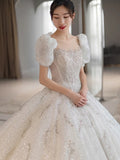 Runhufu Wedding Dress 2023 Star Sky Long Train High Waist For Pregnant Crystal Shinny Bride Dress Short Sleeve Ball Gown Dresses