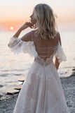 Runhufu Wedding Dresses Tempting Nude Champagne V Neck Chic Sleeves Straps Ruffles Lace A Line Backless Bridal Gowns