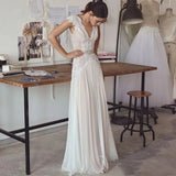 Runhufu Wedding Dresses 2023 Bohemian Wedding Gowns with Cap Sleeves V Neck Open Back Pleated Skirt Elegant A line Bridal Gowns