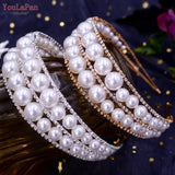 Runhufu HP400 Luxury Wedding Crown Pearl Bridal Head Hoop Rhinestones Tiara Wedding Accessories Jewelry Handmade Metal Headwear