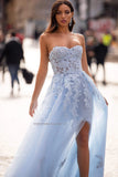 Runhufu Line Sky Blue Wedding Dresses Off Shoulder Sweetheart Beaded Lace Appliques High Split Tulle Boho Wedding Gowns