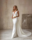 Runhufu Wedding Dress 2024 Detachable Train Bow V-Neck Elegant White Ivory Boho Simple Bridal Gown Sleevesless Vestidos De Novia