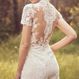 Runhufu Jumpsuit Wedding Dresses For Women 2024 Lace Applique Short Sleeve O-Neck Vestidos De Novia Illusion Back Bridal Gowns