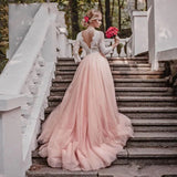 Runhufu Sleeves Pink Wedding Dresses V Neck Lace Appliques Sweep Train A Line Open Back Bridal Gowns Married Vestidos de Noivas