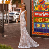 Runhufu Elegant Wedding Dress Mermaid Illusion Scoop Neckline Lace Floral Appliques Satin Bridal Gowns Sexy Backless Brides Dress