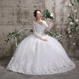 runhufu Summer Korean Light wedding dress Vestidos De Novia off white bride O-neck dream princess simple Long Sleeve Lace appliques