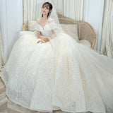 Runhufu New Shining Sequins Luxury Wedding Dress With Sweep Train Elegant Boat Neck Off The Shoulder Ball Gown Vestido De Noiva