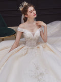 runhufu Handmade Boat Neck Wedding Dress With Train Lace Flower Bridal Dress Elegant Off The Shoulder Ball Gown Robe De Mariee