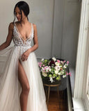 Runhufu Wedding Dresses 2023 Sexy Side Split Beaded Deep V Neck Backless Bohemian Bridal Gowns Floor Length Vestido De Novia