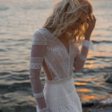 Runhufu Vintage V Neck Boho Wedding Dress 2023 Ruffles Long Sleeves Lace Bohemian Bridal Gown A Line Vestidos De Novia Beach