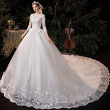 runhufu Neck Wedding Gown With Train 2023 New Three Quarter Sleeve Lace Up Bridal Ball Gown Robe De Mariee Vestido De Noiva