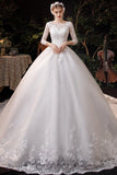runhufu Neck Wedding Gown With Train 2023 New Three Quarter Sleeve Lace Up Bridal Ball Gown Robe De Mariee Vestido De Noiva