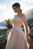 Runhufu Champagne A Line Wedding Dresses with Puff Sleeves Sheer Scoop neck Lace Appliques Buttons Back Formal Bridal Gowns