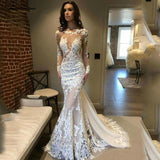 runhufu Sleeves Lace Mermaid Wedding Dress Scoop Gelinlik Vestido De Noiva Court Train White Long Bride Dresses trouwjurk