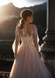 Runhufu Champagne A Line Wedding Dresses with Puff Sleeves Sheer Scoop neck Lace Appliques Buttons Back Formal Bridal Gowns