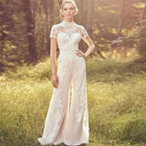 Runhufu Jumpsuit Wedding Dresses For Women 2024 Lace Applique Short Sleeve O-Neck Vestidos De Novia Illusion Back Bridal Gowns