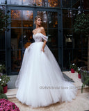 Runhufu Puffy Tulle Princess Wedding Dresses Off Shoulder Beading Sweetheart Short Sleeve White Ball Gown Vestido de Noiva