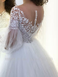 Runhufu Beach Wedding Dress A-Line Long Puff Sleeve Sheer Illusion Back Lace Appliques Bride Gown Vestido De Noiva