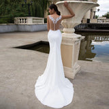 Runhufu Mermaid Wedding Dresses 2023 Sheer O-Neck Sleeveless Lace Appliques Sweep Train Chiffon Bridal Gown With Button Back