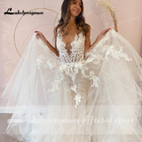 runhufu A-Line Backless Wedding Dress 2023 Vintage Lace Applique Beaded Off White Tulle Wedding Gowns Trouwjurk Long Bridal Dress