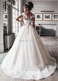 Runhufu Bling Ball Gown Wedding Dresses Nude Tulle Neck Cap Sleeves Lace Applique Corset Buttons Sweep Train Bridal Gowns