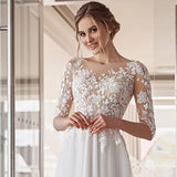 Runhufu Half Sleeve A-Line Wedding Dress 2023 Lace Appliques O-Neck Civil Bridal Gown With Button Back Tulle Floor Length