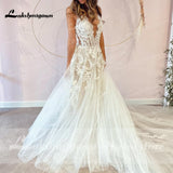 runhufu A-Line Backless Wedding Dress 2023 Vintage Lace Applique Beaded Off White Tulle Wedding Gowns Trouwjurk Long Bridal Dress