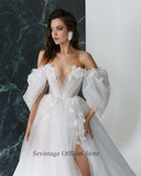 runhufu High Side Split Wedding Dresses V-Neck Puffy Sleeve Ball Gown Brides Gown Lace Appliques 3D Flowers Princess Dress