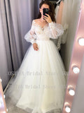 Runhufu Beach Wedding Dress A-Line Long Puff Sleeve Sheer Illusion Back Lace Appliques Bride Gown Vestido De Noiva