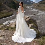 Runhufu Chiffon Wedding Dresses With Cape 2023 A-Line Side Slit O-Neck Lace Appliques Sexy Open Back Sweep Train Bridal Gown