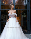 Runhufu Puffy Tulle Princess Wedding Dresses Off Shoulder Beading Sweetheart Short Sleeve White Ball Gown Vestido de Noiva