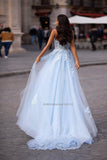 Runhufu Line Sky Blue Wedding Dresses Off Shoulder Sweetheart Beaded Lace Appliques High Split Tulle Boho Wedding Gowns