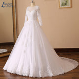 Runhufu NICEB Long Sleeves Wedding Dress Elegant Lace Appliques Beads Vestido De Noiva Sexy Illusion Back Ball Gown Bridal Tulle