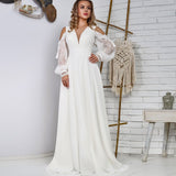 Runhufu Bridal Boho Bohemian White Chiffon Wedding Dress A Line Lace Full Sleeve Long Floor Length Bridal Gowns Low Back Robe De